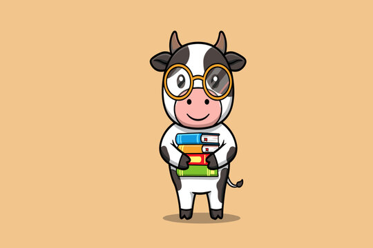 A cow sitting cross-legged and reading a big storybook with excitement in its eyes