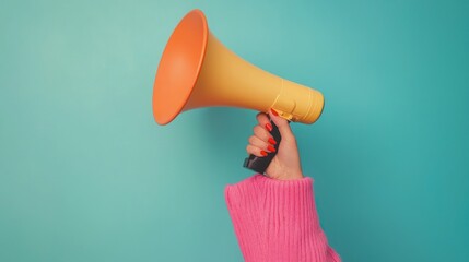 A hand holding a yellow megaphone against a blue background.
