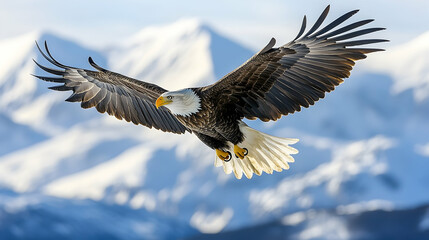 Naklejka premium Majestic bald eagle soaring over snow-capped mountains.