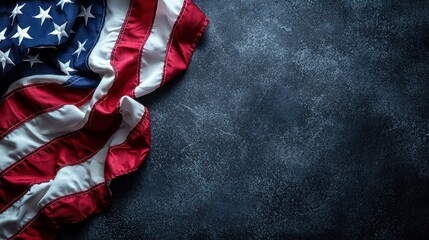 A United States flag with red, white, and blue stripes and stars on a dark, textured background