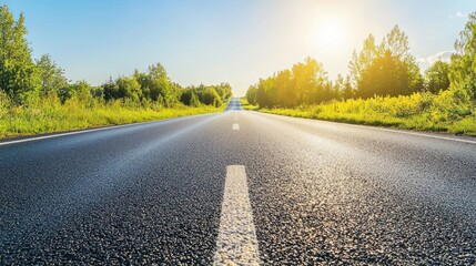 A road stretching into the distance with a clear blue sky and green trees on both sides.