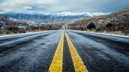 A long, straight road with yellow stripes in the middle, leading towards a distant mountain range with snow-capped peaks, with a clear blue sky overhead and a few scattered trees on either side.