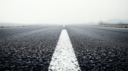 A foggy road with a white line in the middle, leading into the distance.