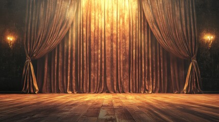 A dimly lit, vintage theater stage with a golden brown velvet curtain and a spotlight shining through it, casting a warm glow on the wooden floor.