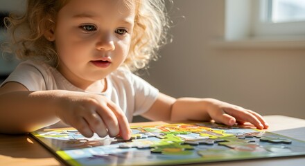 Adorable Toddler Concentratedly Assembling a Colorful Puzzle Early Childhood Development and Playtime Fun