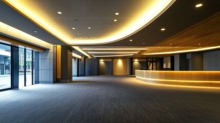 A spacious, modern office lobby with a curved ceiling, wooden paneling, and a sleek, minimalist design.