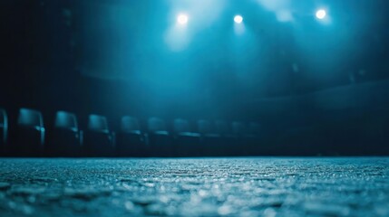 A dimly lit stage with blue lighting and a spotlight, featuring a row of empty chairs in the foreground and a blurred audience in the background.