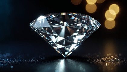 A dazzling diamond captures light, reflecting brilliant colors and brilliance. The setting features a dark surface complementing the gem's clarity and lifelike sparkle against a subtle bokeh backdrop