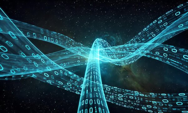 Abstract Binary Code Stream in Deep Blue Digital Data Network Connectivity and Information Flow Through a Tunnel of Light Against a Starry Universe Background