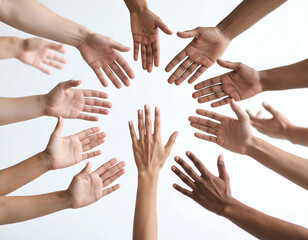 Reaching Out Diverse Hands Encircling a Central Figure, Symbolizing Unity and Support