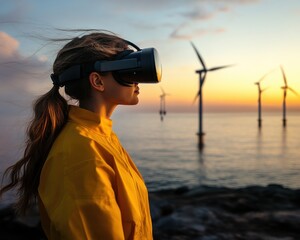 Woman in VR headset at sunset, wind farm