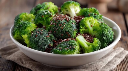 Uric acid cleanse remedy and metabolism control concept. Fresh broccoli served in a bowl with sesame seeds topping.