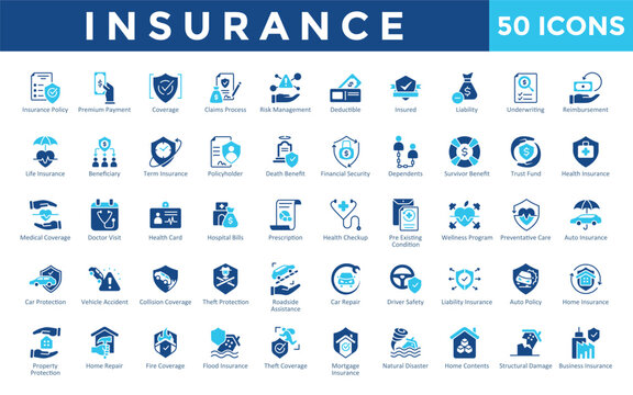 Insurance icons set with insurance policy, premium payment, coverage, claims process, risk management, deductible, insured, liability, underwriting, reimbursement icon. Simple flat vector 
