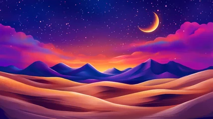Fototapete Rund Fantasy desert landscape with mountains, a crescent moon, and a colorful sky. Night scene with stars and purple clouds. Beautiful night view of sand dunes in neon light. © Nishat