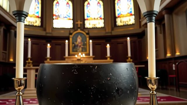 Black baptismal font with candles in church during daylight  
