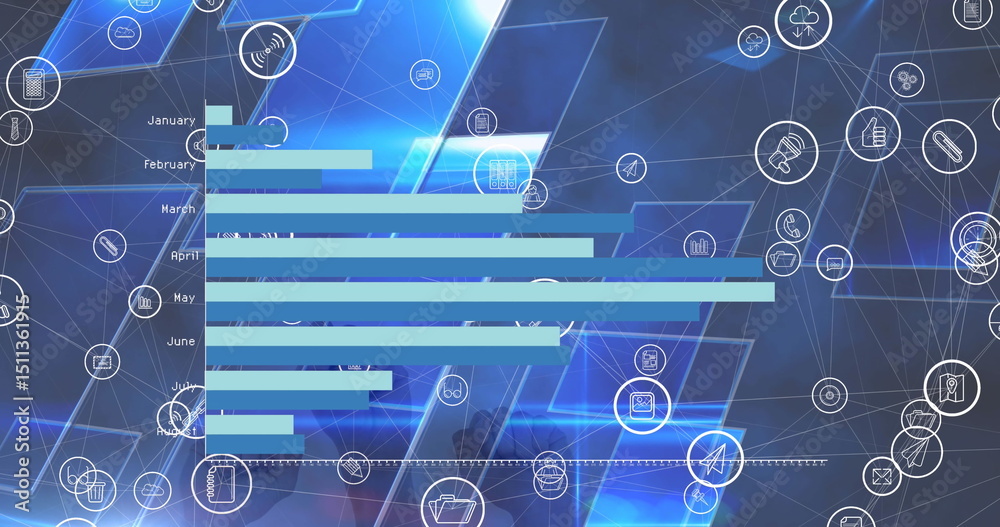 Poster image of network of connections with icons and data processing over blue background