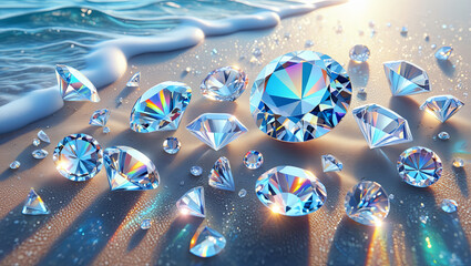 Brilliant diamonds glimmer on a sandy beach with gentle ocean waves rolling in. The sun sets, casting a warm glow on the scene, enhancing the sparkling jewels