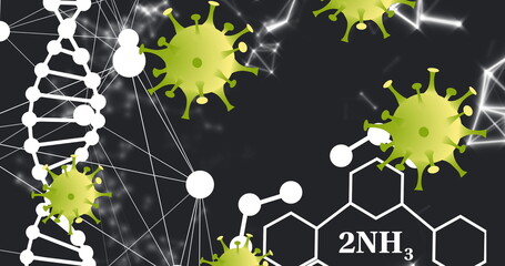 Image of falling cells and chemical formulas over black background