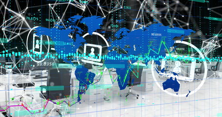 Image of financial data processing and world map over office