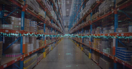 Image of financial graphs over warehouse