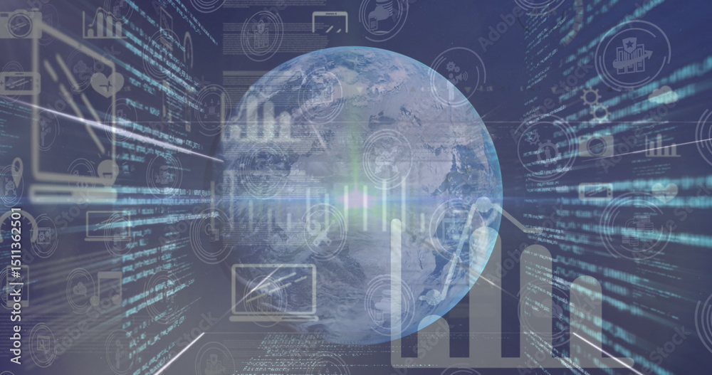Poster image of digital interface with data processing over a globe against blue background
