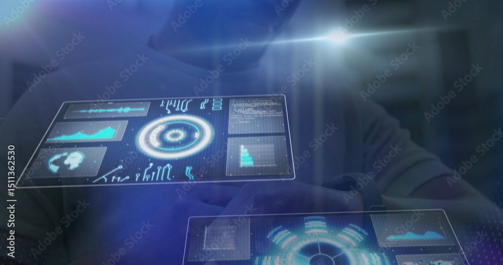 Poster image of data processing over businessman using smartwatch