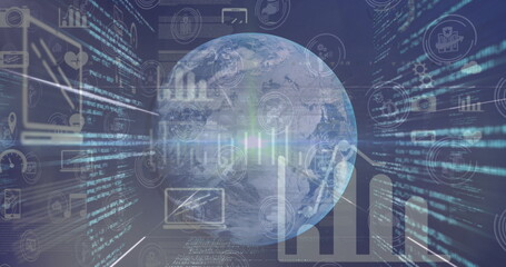 Image of digital interface with data processing over a globe against blue background