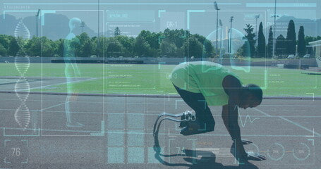 Image of data on digital screen over african american man with running blade training