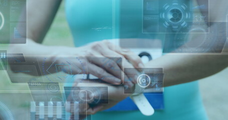 Image of data processing over sportswoman checking smartwatch