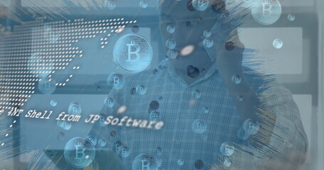 Image of data processing and bitcoin symbols over caucasian man