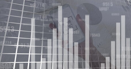 Image of data processing over hand holding smartphone