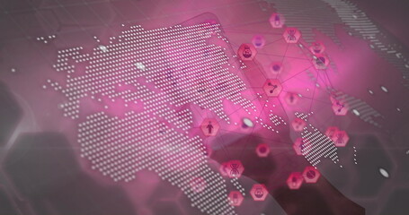 Image of globe, connections and data processing over pink background and hands with smartphone