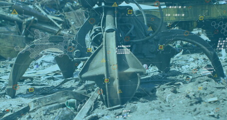 Image of icons and data over machines at junkyard