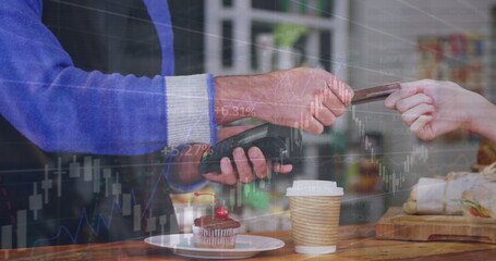 Image of financial data over hands of caucasian people using payment terminal