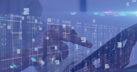 Image of data processing over hands of caucasian woman using tablet