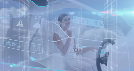 Image of data, connections and lights over caucasian woman in futuristic car