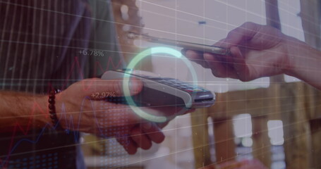 Image of financial data over hands of caucasian people using payment terminal