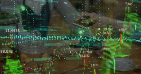 Image of financial data processing over hands of caucasian people using payment terminal