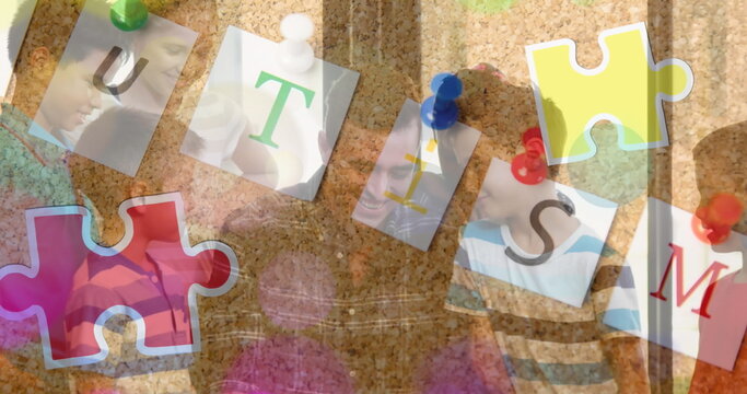 Image of puzzle and autism text over diverse schoolchildren smiling