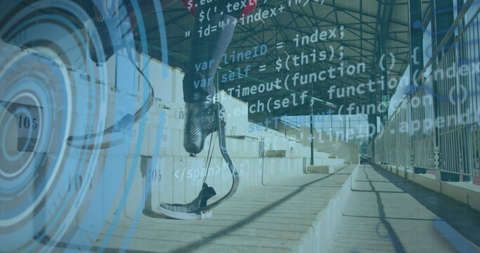 Image of digital data over african american disabled man training with running blade - Powered by Adobe