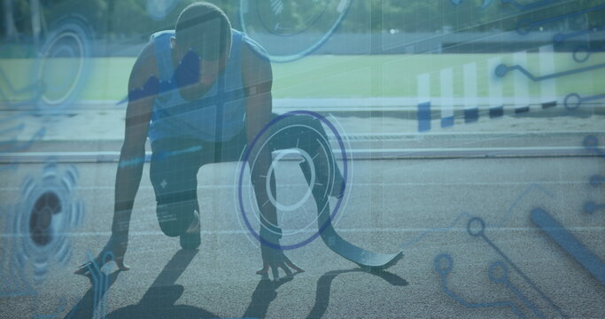 Image of digital data over african american disabled man training with running blade