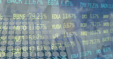 Image of financial data, graphs and caucasian businessman over solar panels