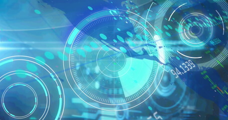 Image of scope scanning and data processing over businessman wearing vr headset