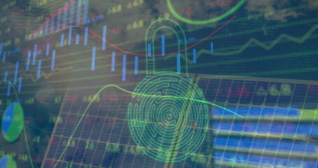 Image of digital padlock, financial data and graphs over solar panels