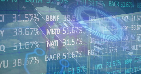 Image of financial data and graphs over solar panels