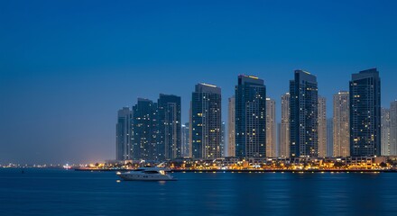 Fototapeta premium Night Skyline: Illuminated Towers and Serene Yacht at Dusk