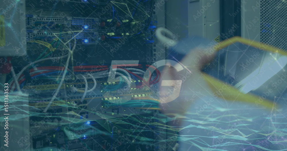 Poster image of data processing and 5g text over caucasian worker in server room