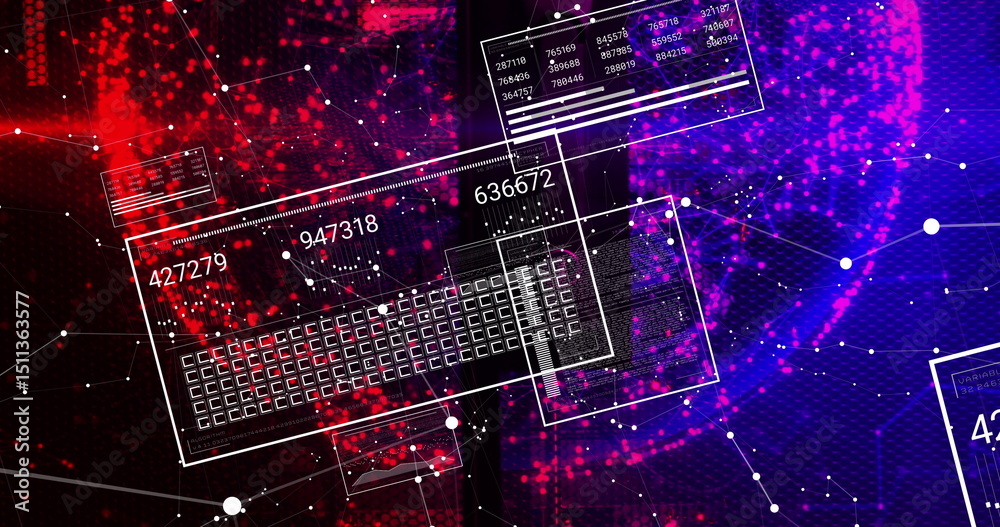Poster image of data processing and network of connections over dark background