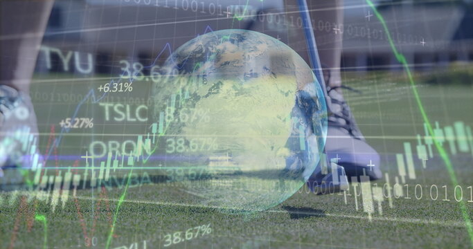 Image of financial data processing and globe over mid section of a man playing golf