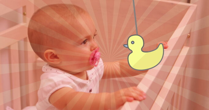 Image of duck over happy caucasian happy baby